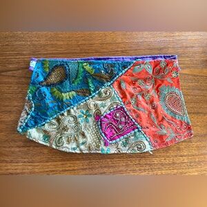Cotton Patchwork Belt Bag. Embroidery, Beads & Adjustable Brass Buttons. EUC.